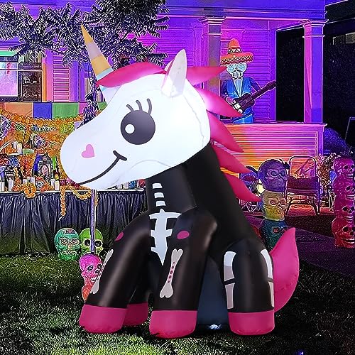 Halloween Inflatable Skeleton Unicorn Decor with LED Lights - 4Ft Pink Yard Decoration