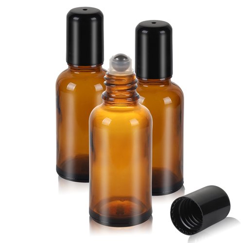 RAMFIYN 3 Pack Amber Roller Bottles for Oils 30ml Refillable Roller Ball Applicator for Travel Glass Roller Bottles with Filling Tool Set and Label