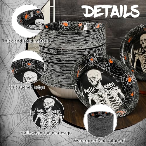 Halloween Skeleton Paper Bowls - Black White Orange Spooky Disposable Serving Set - 100Pcs