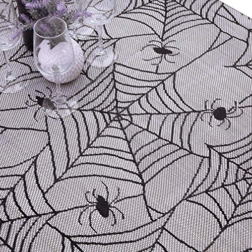 95x45 Inch Halloween Lace Tablecloth with Spider Web and Bat Pattern - Rectangular Polyester Decor