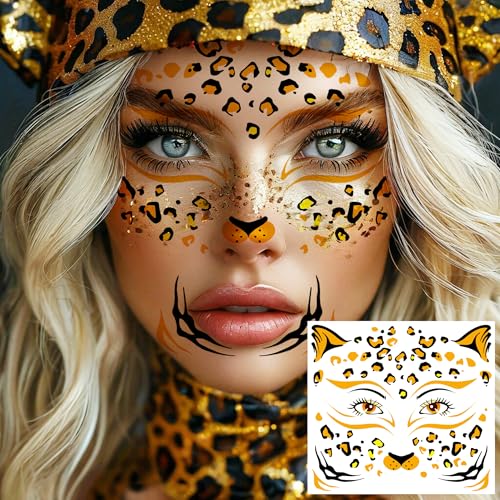 Gold Leopard Metallic Temporary Tattoos Set - Face & Body Glitter Stickers, Halloween & Cosplay