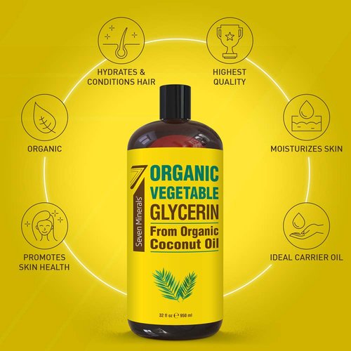 Seven Minerals, Organic Vegetable Glycerin - Big 32 fl oz Bottle - No Palm Oil, Made with Organic Coconut Oil - Therapeutical Grade Glycerine for DIYs - Hair, Nails & Skin Moisturizer - Non-Gmo