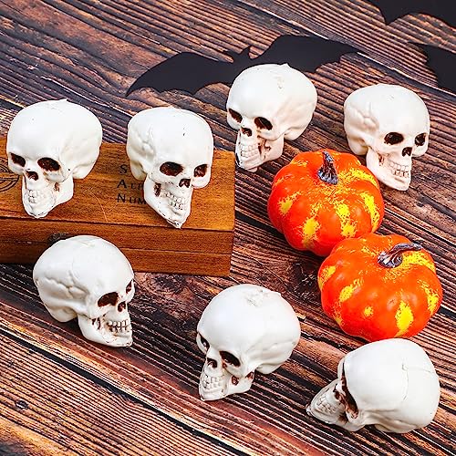 Halloween Skull Heads Decor - 8 Pieces Plastic Realistic Human Skeletons - 1.8 x 2 x 2.4 Inches