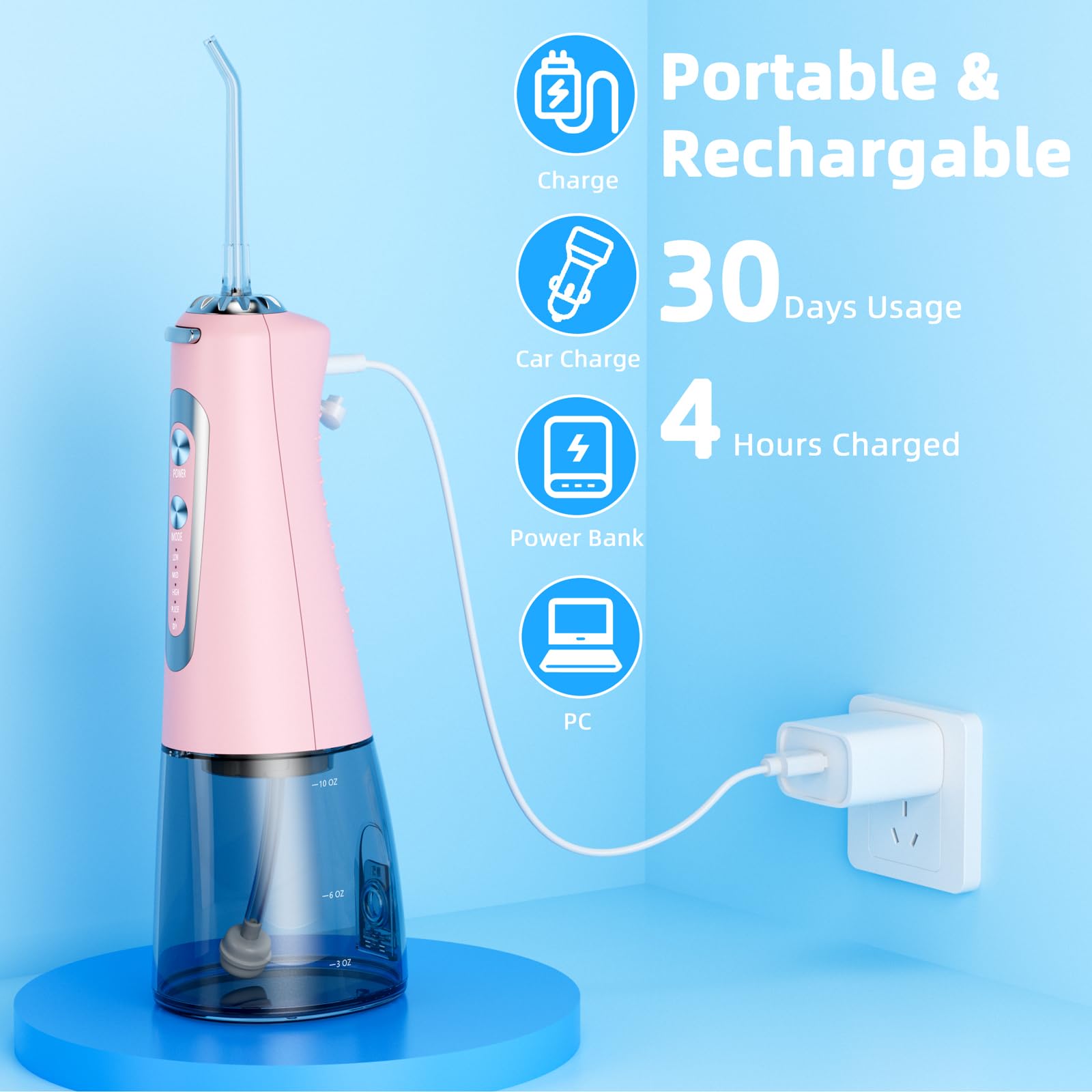 Water Flosser,300ML Water Pulse flossers-5 Modes&6 Replaceable Jet Tips for Teeth Cleaning and Flossing,Rechargeable (Pink)