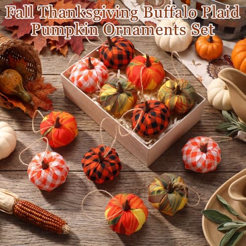 Fall Fabric Pumpkin Ornaments - Set of 12 Thanksgiving Hanging Decorations