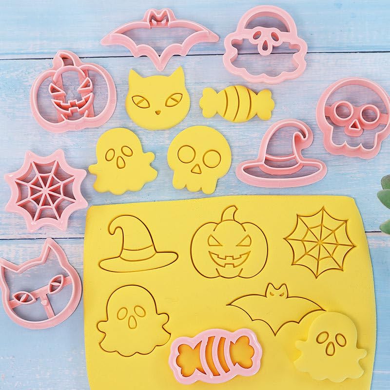 Halloween Cookie Mould Set - 8pcs Plastic Witch Bat Cookie Cutters & Stamps - Halloween 1115D