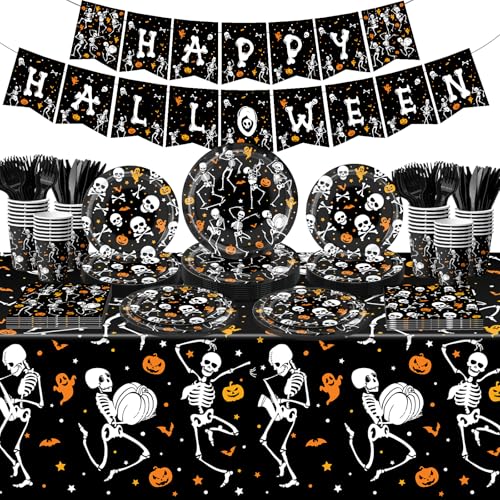 Halloween Party Supplies 142Pcs Skeleton Skeleton Tableware Set Plates Napkins