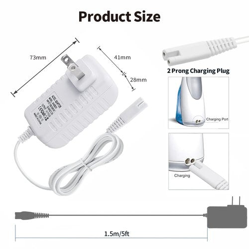 Charger for Waterpik Water Flosser, Compatible with Waterpik WP360 WP360W WP462 WP462W WP450 WP450W YLA-03010 Series, Replacement Water Flosser Power Cord, 2 Prong Adapter Power Supply, 3V DC, 5FT