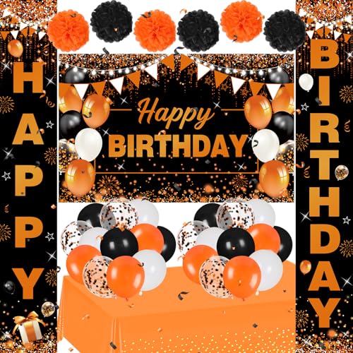 Orange & Black Birthday Decorations Set - Banner Balloons Tablecloth Pompoms - Variation: Orange Black