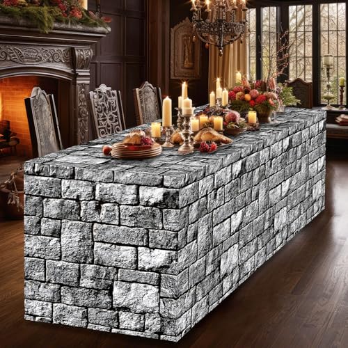 Medieval Brick Stone Wall Tablecloth 6Ft Halloween Castle Table Cover