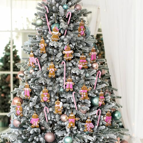 Pink Gingerbread Man & Candy Cane Christmas Ornaments Set - Holiday Decor