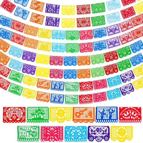 Mexican Party Decorations - Papel Picado Banner Set 131.2 Ft, 8 Designs - Bright & Reusable