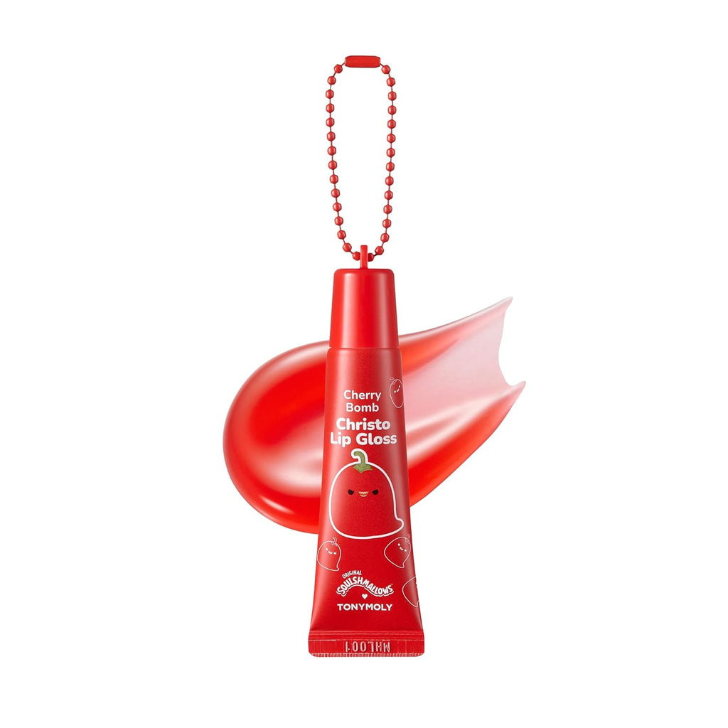 TONYMOLY Christo Keychain Lip Gloss - Hydrating Sheer Cherry Red Tint with Cherry Extract & Rosehip Oil, 11ml
