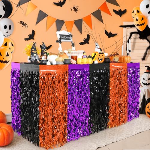 Halloween Party Decorations 2-Pack Metallic Tinsel Foil Fringe Table Skirts - Orange Purple Black Variation