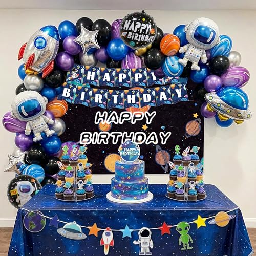 Space Themed Party Decorations Set with Balloons, Banners & Cake Toppers