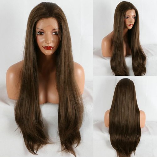 Kalisa Brown Lace Front Wig for Women High Density Long Silky Straight Dark Brown Natural Color Glueless Wig Heat Resistant Fiber Synthetic Pre Plucked Wigs for Daily Wear 24inch