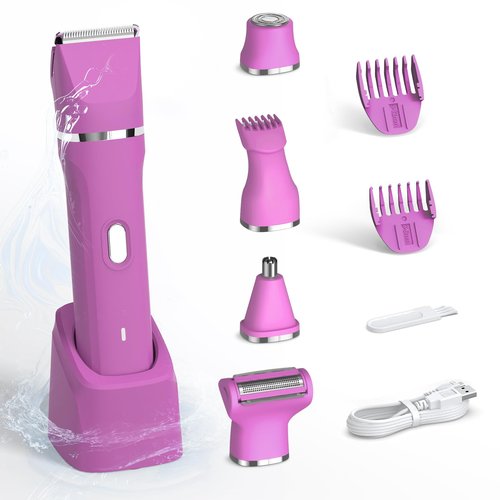 Bikini Trimmer for Women 5-in-1 Electric Razors IPX7 Waterproof Shaver Ceramic Blade Painless Pubic & Facial Hair Remover (Hot Pink)