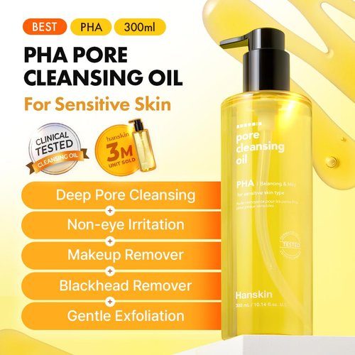Hanskin PHA Pore Cleansing Oil - Deep Pore Makeup & Sebum Remover for Sensitive Skin | 10.14oz