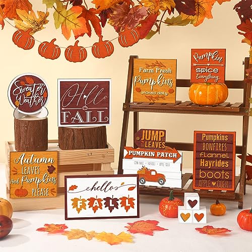 Farmhouse Fall Tiered Tray Decor Set - Rustic Pumpkin & Truck Signs, Simple Style