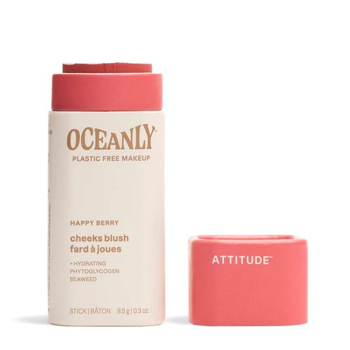 ATTITUDE Oceanly Blush Stick - Plastic-Free, Lightweight & EWG Verified | Vegan & Cruelty-Free, Happy Berry, 0.3 Oz