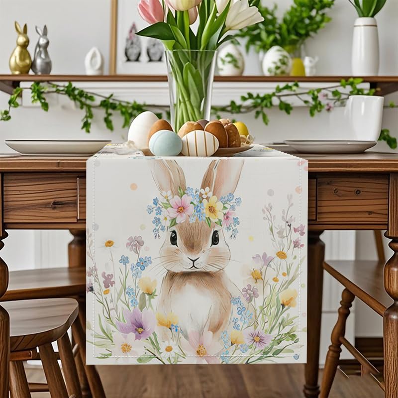 Easter Table Runner Floral Bunny and Hanging Eggs - Spring Farmhouse Decor, 13x72 Inches - Easter Floral Bunny Variation