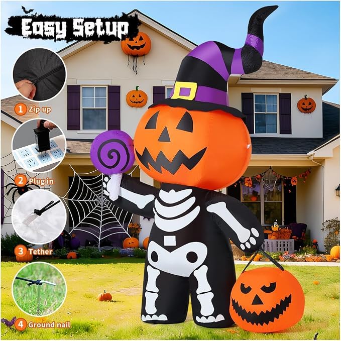 Halloween Inflatable Pumpkin Skeleton with LED Lights Outdoor Yard Decor