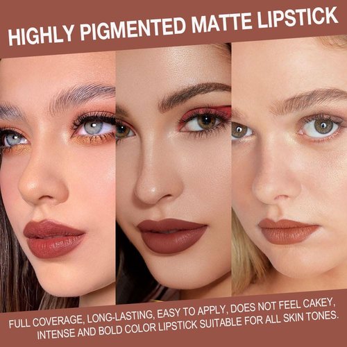**Evpct 3Pcs Matte Lipstick & Lip Liner Set - Long Lasting Waterproof Ombre Effect in Red, Reddish Nude & Brown**