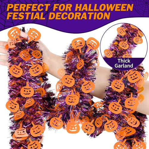 Halloween Tinsel Garland 66 Ft - Purple Black & Orange Glitter Streamers for Party & Home Decor
