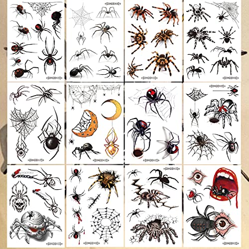 Halloween Temporary Spider Tattoos for Kids & Adults - 12 Sheets Body Art