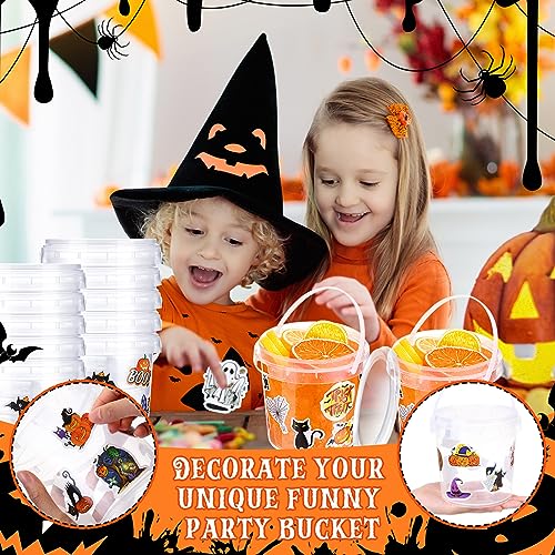 Halloween Candy Buckets Set with Stickers - 20 Plastic Pails with Handle, 34oz Capacity
