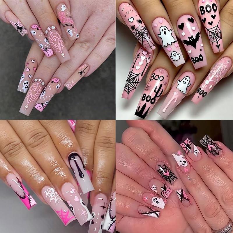 Halloween Pink Glitter Nail Art Stickers Ghost Bat Spider Flame 6 Sheets - Variation 7