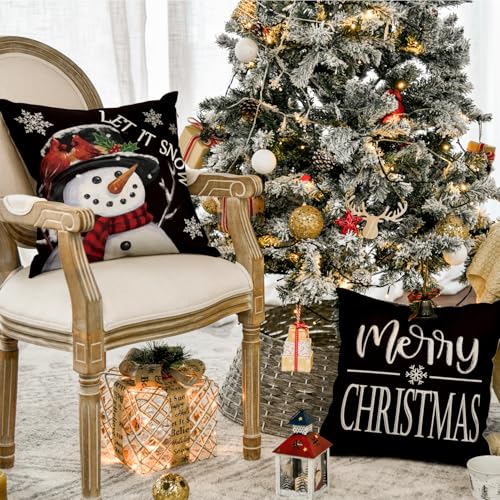 Black 20x20 Inch Christmas Throw Pillow Covers Set of 4 - Snowman Love Holiday Decor