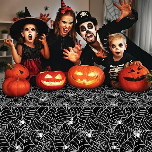 Dulousia Spider Halloween Tablecloth 3pcs Disposable Web Cover Set - Black, White, Orange, 54x108in