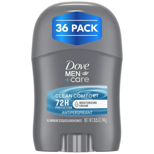 Dove Men+Care Clean Comfort Antiperspirant, 36-Pack – Men’s Mini Deodorant, Travel Size, Bulk, 72H Protection, 0.5 Oz Ea