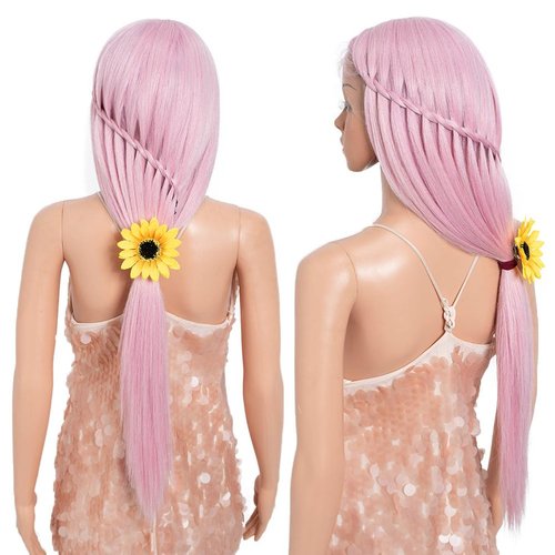 Style Icon 32-Inch Long Straight Wig Mid-Part Lace Front Silky Smooth Synthetic Pink Wig