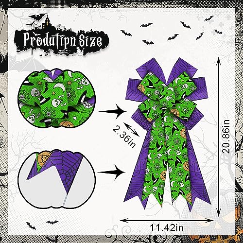 Large Halloween Burlap Green Pumpkin Wreath Bow with Spider Web Purple Bows