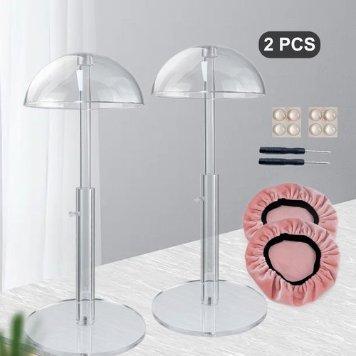 poipoilu 2Pcs Acrylic wig Hat Display Stand Adjustable for Styling and Display, Clear Clear Acrylic Display stand Holder for wig and hat Shop window display (Transparent, 2PCS)