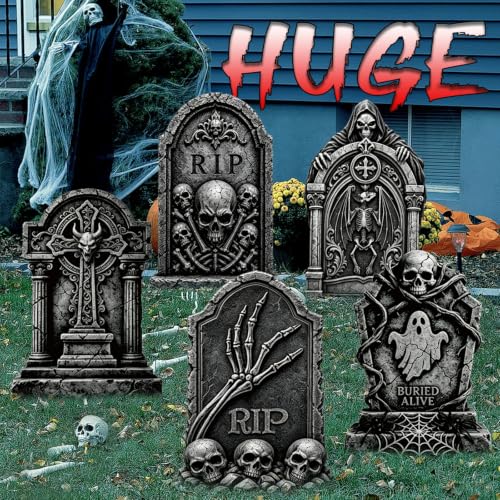 Halloween Tombstones Outdoor Decorations 5 Pack - Plastic Gravestones with Metal Stakes