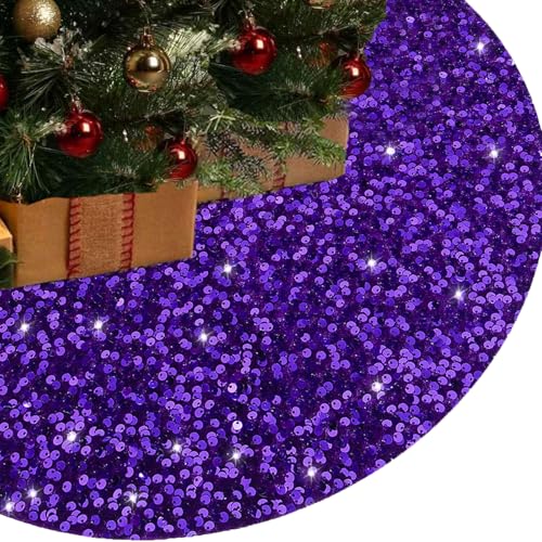 48 Inch Purple Sequin Christmas Tree Skirt - Large Round Holiday Decor