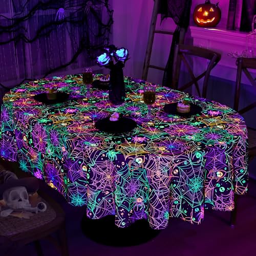 Halloween UV Reactive Black Web Tablecloth - Waterproof 84x60 Inch Oval