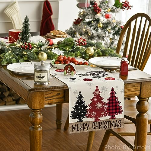 Christmas Table Runner & 6 Place Mats Set - Red Pine Trees Holiday Decor