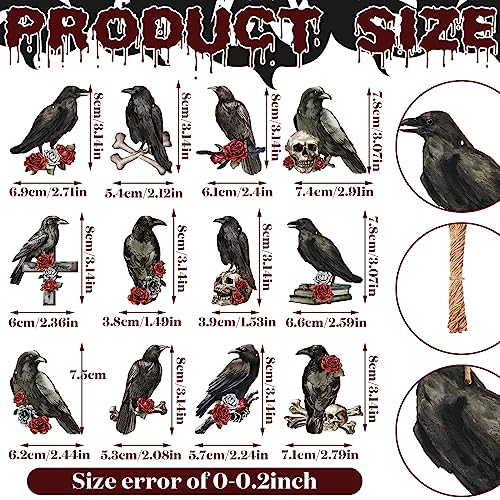 Halloween Crow Wooden Hanging Ornaments - Spooky Gothic Decor Set of 24 - Black & White