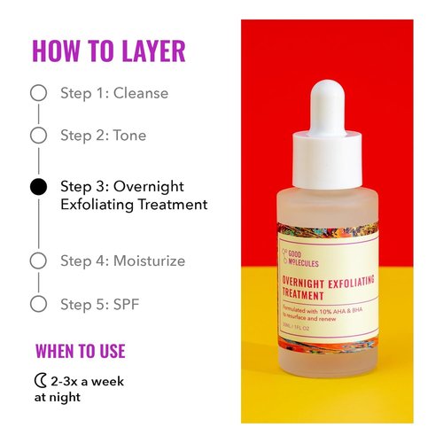 Good Molecules Overnight Exfoliating Treatment Pack 2 – 1 fl oz / 30 ml Each | Lightweight Face Exfoliator with AHA & BHA, Glycolic & Salicylic Acid