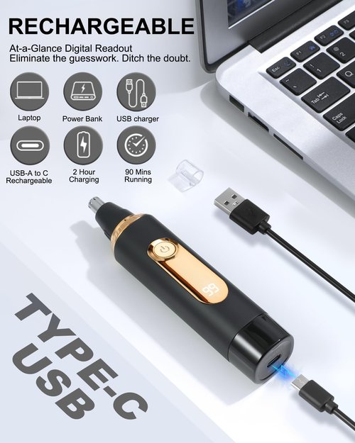 RAXMETRY Nose Hair Trimmer for Men,2026 Professional Painless IPX7 Waterproof,USB Rechargeable with LED Display Dual-Edge Blades,Black