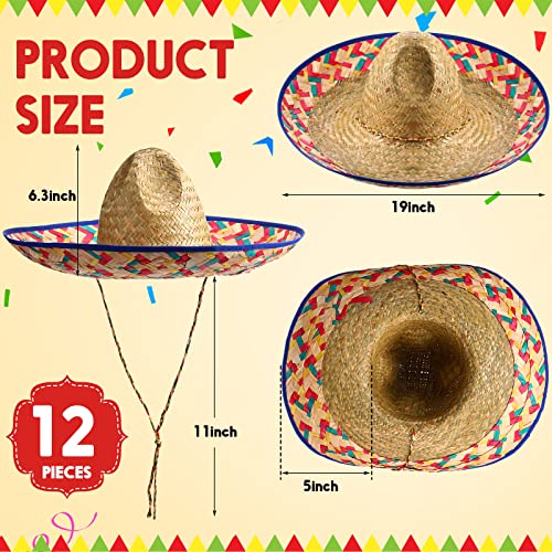 Sombrero Hats for Adults – 12 Pack Classic Mexican Style Straw Hats with Chin Strap – Party, Fiesta & Costume Accessory (Variation: Classic Color)