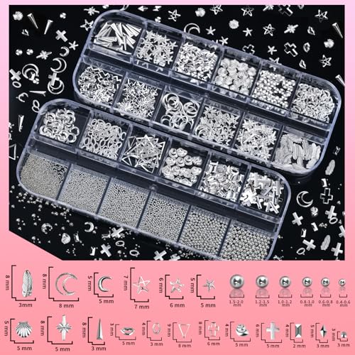 Teenitor Silver Nail Charms & Gems Kit - 4 Boxes Nail Art Accessories