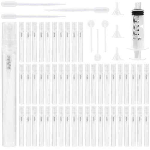 Cotchen 50Pcs Mini Spray Bottle 5ml, Small Travel Perfume Bottle Refillable with 10 Tools, Clear Plastic Small Atomizer Empty, Fine Mist Perfume Sample Spray Bottle for Travel Essential Oil Perfumes