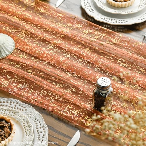 Orange Gold Gauze Table Runner 59x120 Inch Glitter Metallic Sheer Wedding Dinner Decor