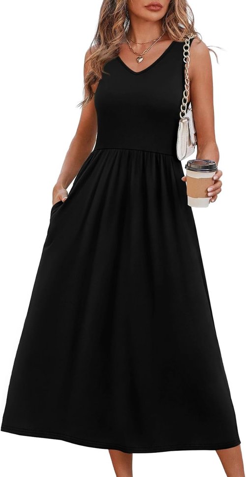 OFEEFAN Summer Dresses for Women - Flowy Casual Midi Dress with Pockets | V-Neck Beach Vacation Style