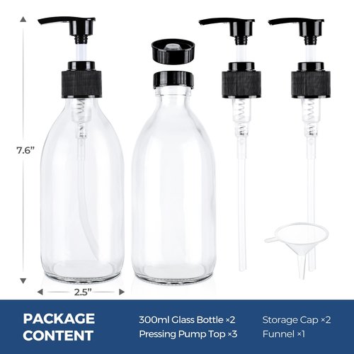 Homepicker Small 10 oz Clear Glass Soap Dispenser with Pump, Glass Pump Bottle for Lotion Body Oil, 300ml Hand and Dish Soap Dispensers Set with Storage Caps, Labels - 2 Pack